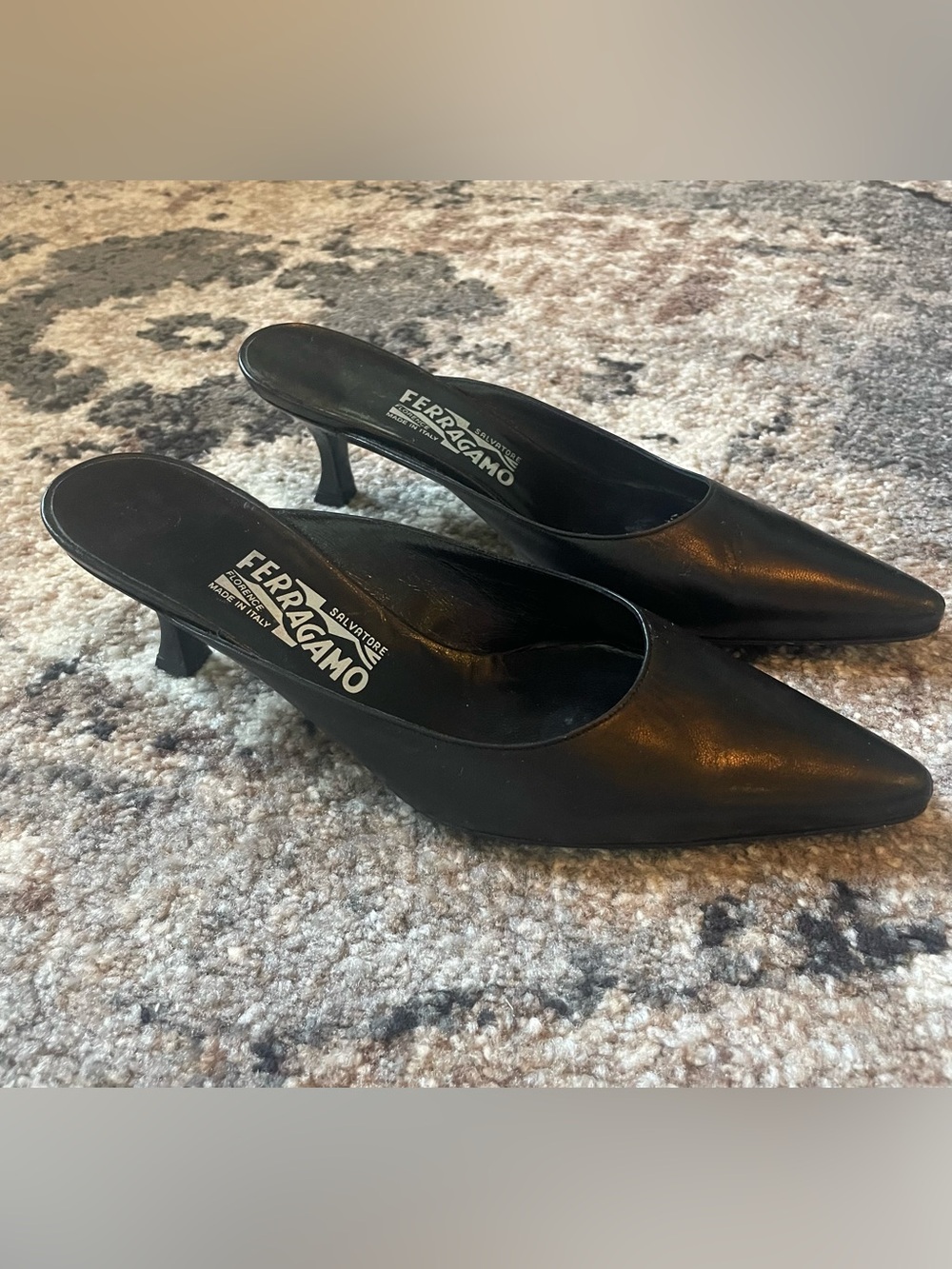 Salvatore Ferragamo Black Leather Pointed Slingback Kitten Heel Mules